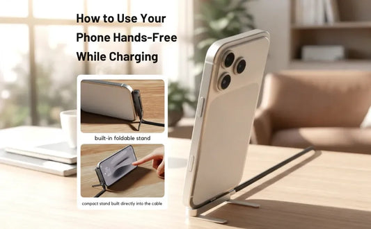 240W USB C cable with built-in foldable stand holding phone hands-free on desk while charging 