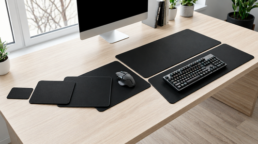 GrunX black mouse pad size comparison from mini XL to XXXXL extended gaming mouse pad with mechanical keyboard and mouse on wooden desk
