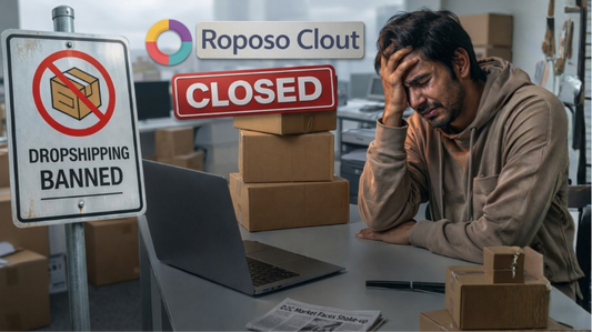 Worried D2C seller at desk with Roposo Clout closed sign and dropshipping banned notice - D2C market disruption in India