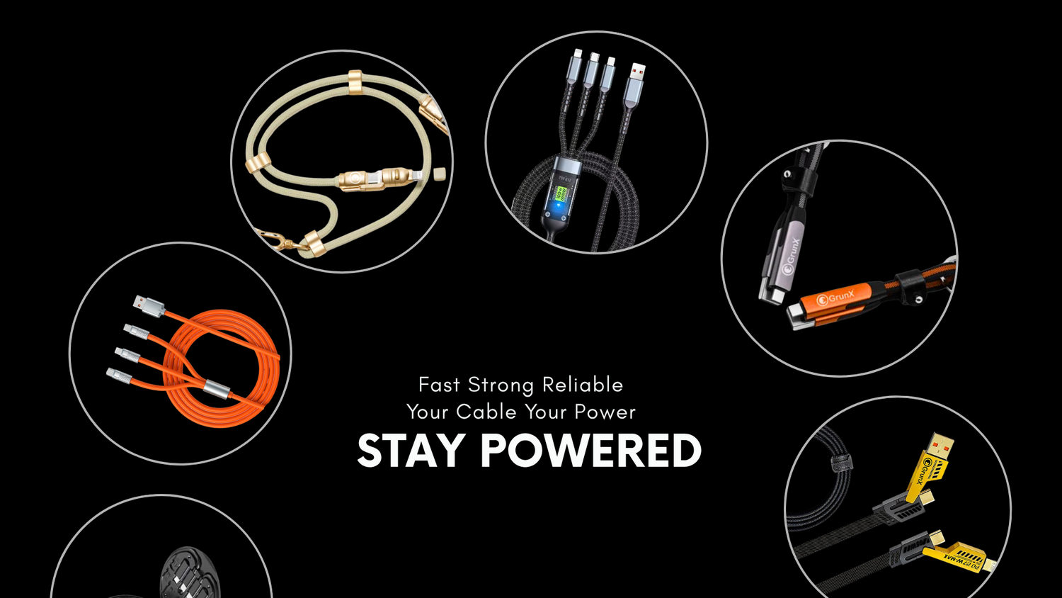 GRUNX stay powered collection featuring high-capacity power banks, wireless charging pads, multi-device charging stations and portable power solutions for continuous device charging