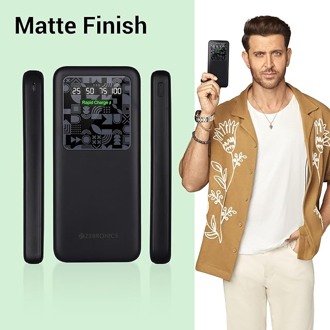 Zebronics 10000mAh power bank in matte black finish, compact and slim design shown in side profile and in-hand size comparison