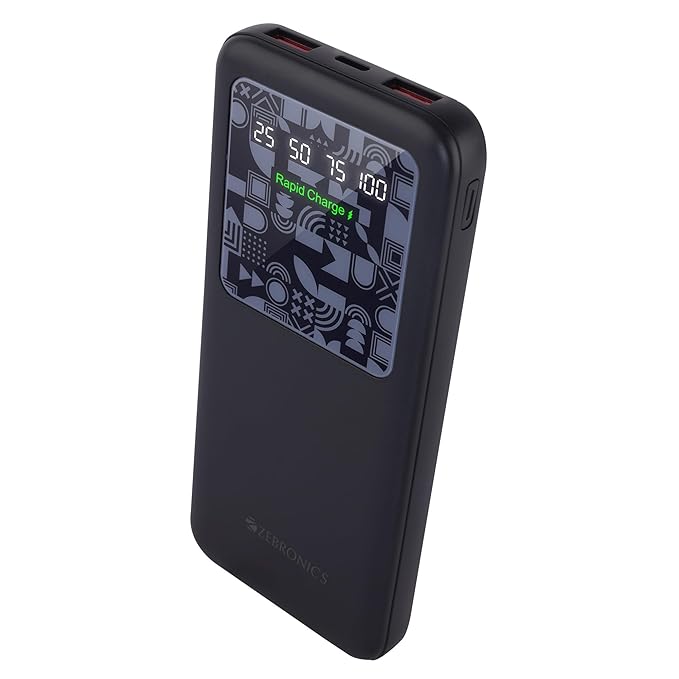 Zebronics 10000mAh power bank black matte finish with dual USB ports, Type-C port, and rapid charge LED display