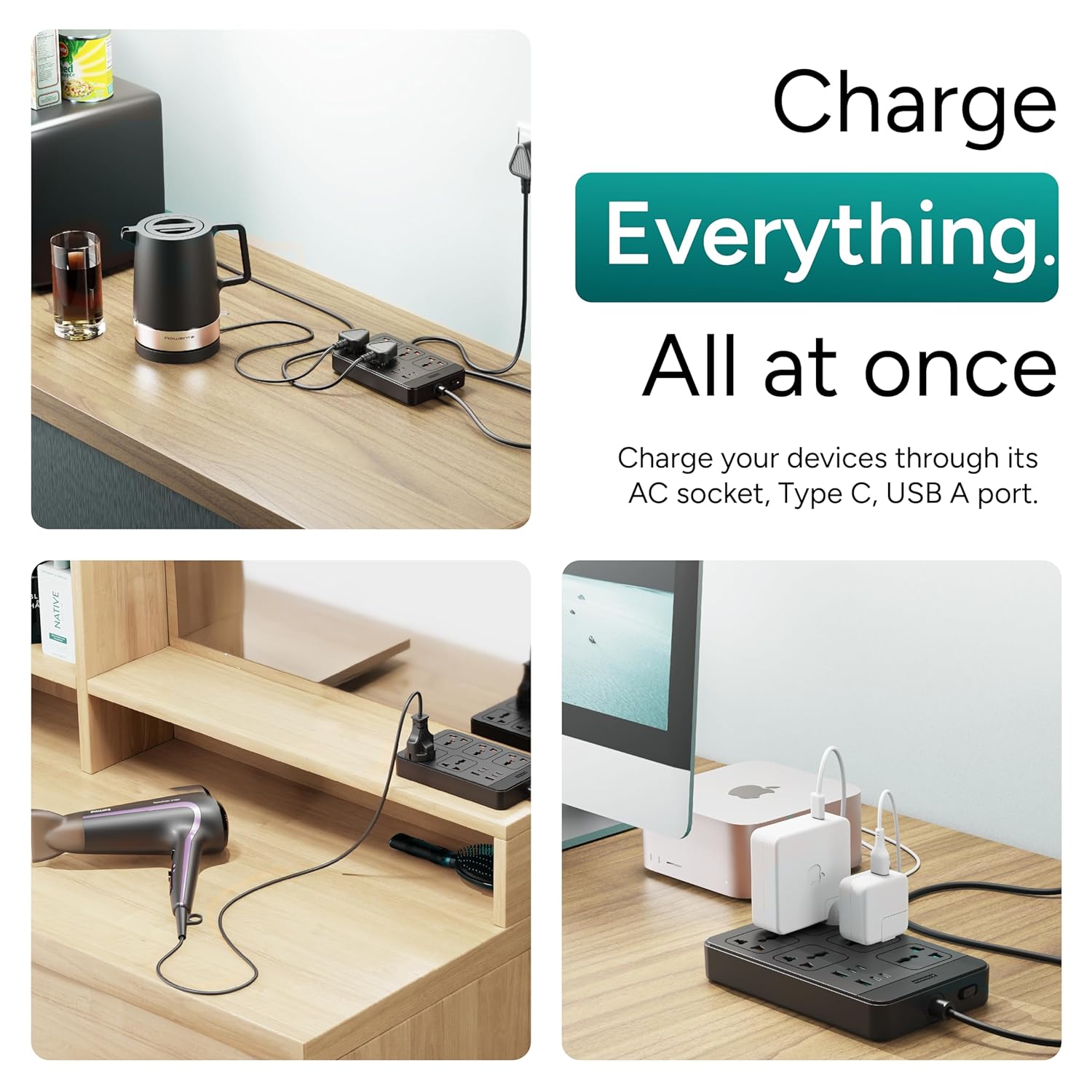 Ambrane extension board charging kettle, hair dryer, and Apple chargers simultaneously through AC socket, Type C, and USB A ports