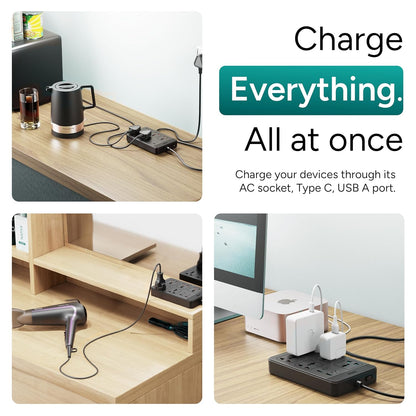 Ambrane extension board charging kettle, hair dryer, and Apple chargers simultaneously through AC socket, Type C, and USB A ports