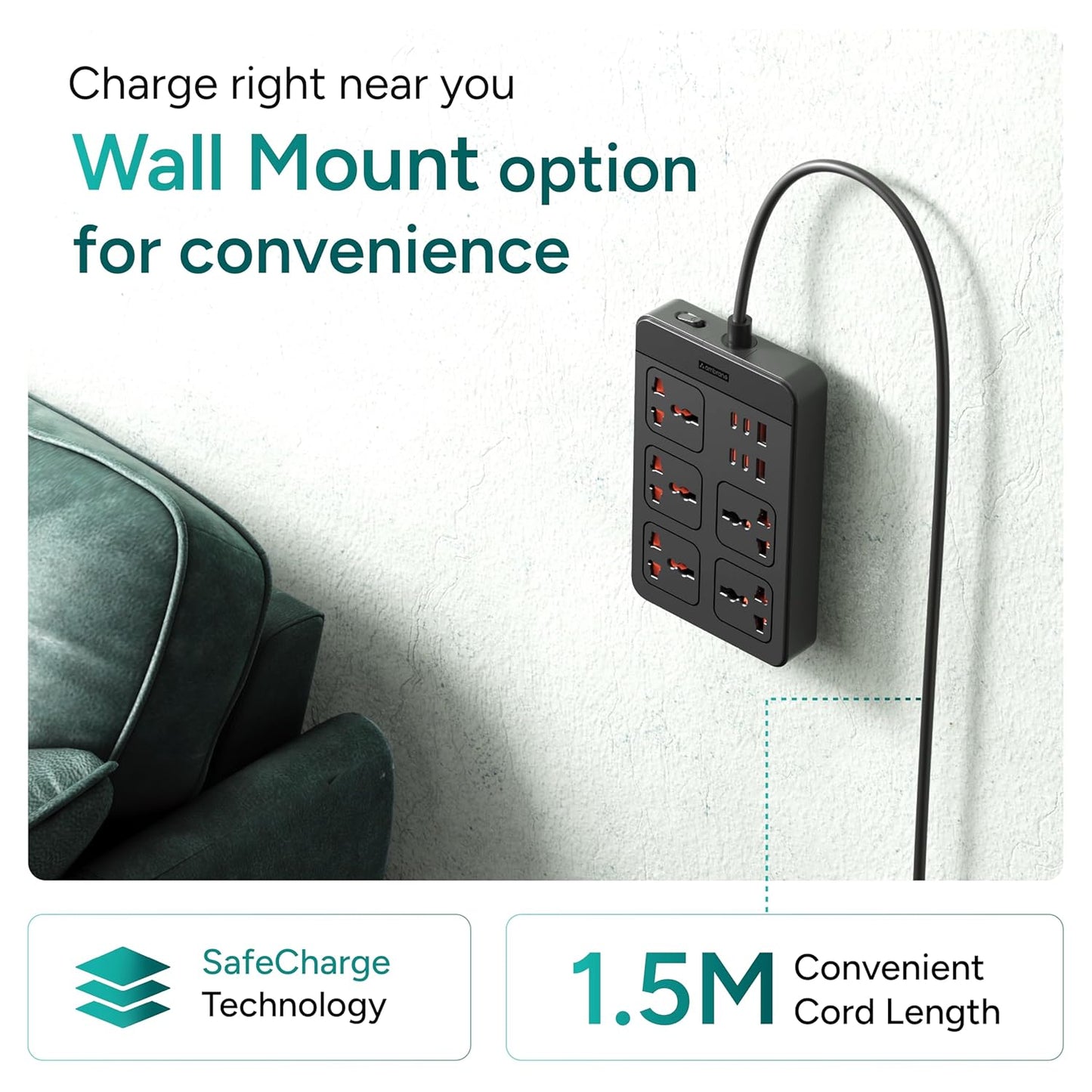Ambrane extension board wall mount option with SafeCharge technology and 1.5 meter convenient cord length