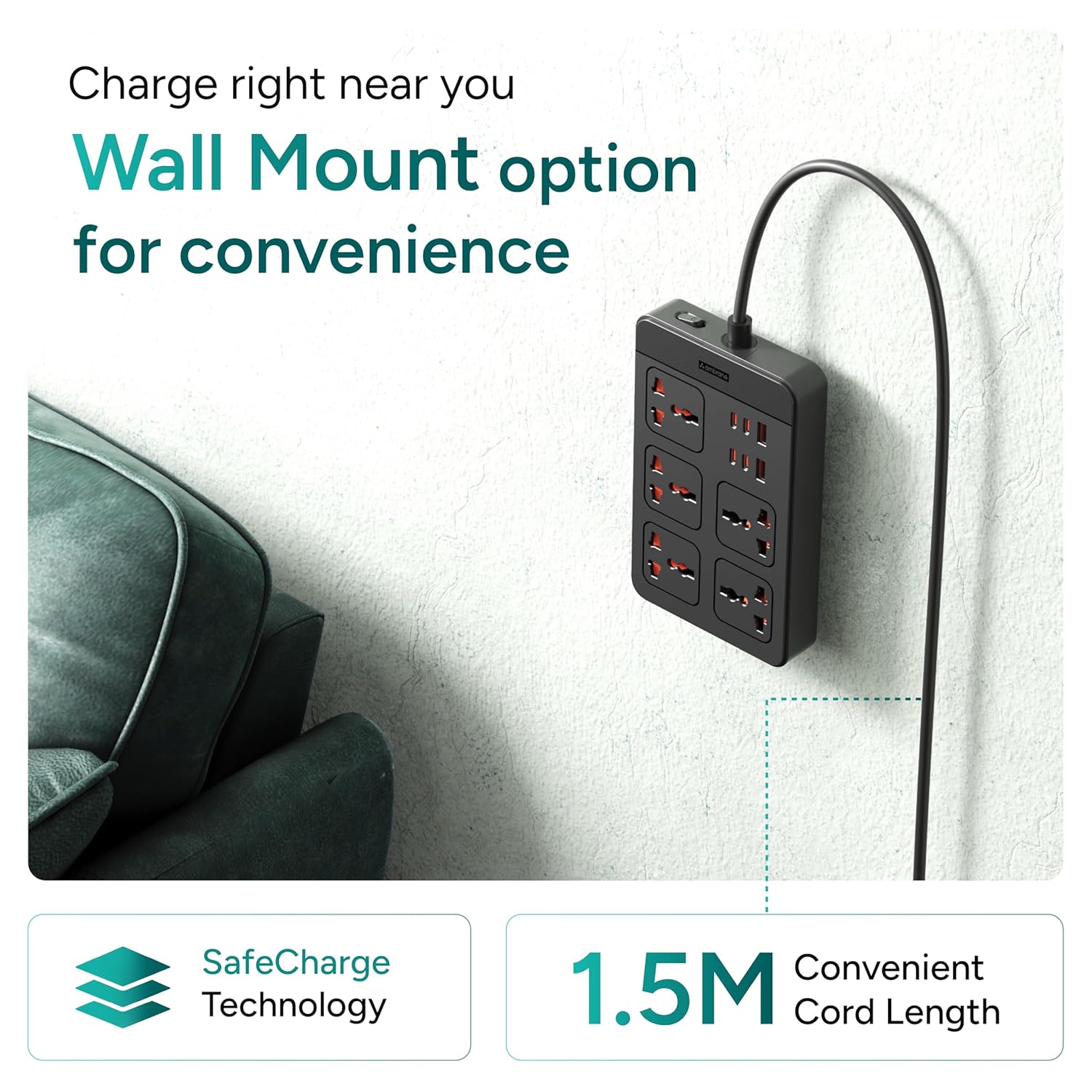 Ambrane extension board wall mount option with SafeCharge technology and 1.5 meter convenient cord length