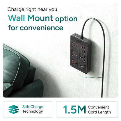 Ambrane extension board wall mount option with SafeCharge technology and 1.5 meter convenient cord length