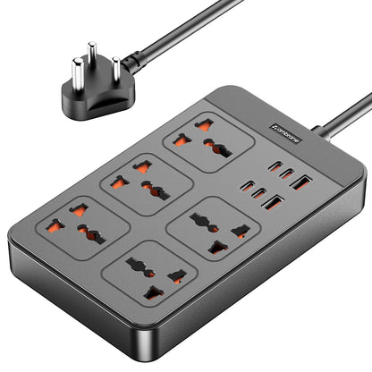 Ambrane 2500W extension board black with 5 universal AC sockets and multiple Type-C and USB-A charging ports