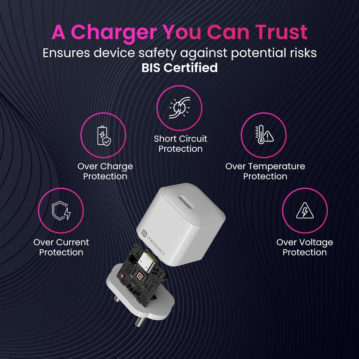 Portronics Adapto 20 Lite BIS certified charger with over charge, short circuit, over temperature, over current, and over voltage protection