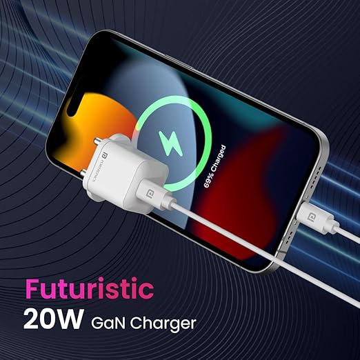 Portronics Adapto 20 Lite futuristic 20W GaN charger fast charging smartphone shown at 69 percent battery