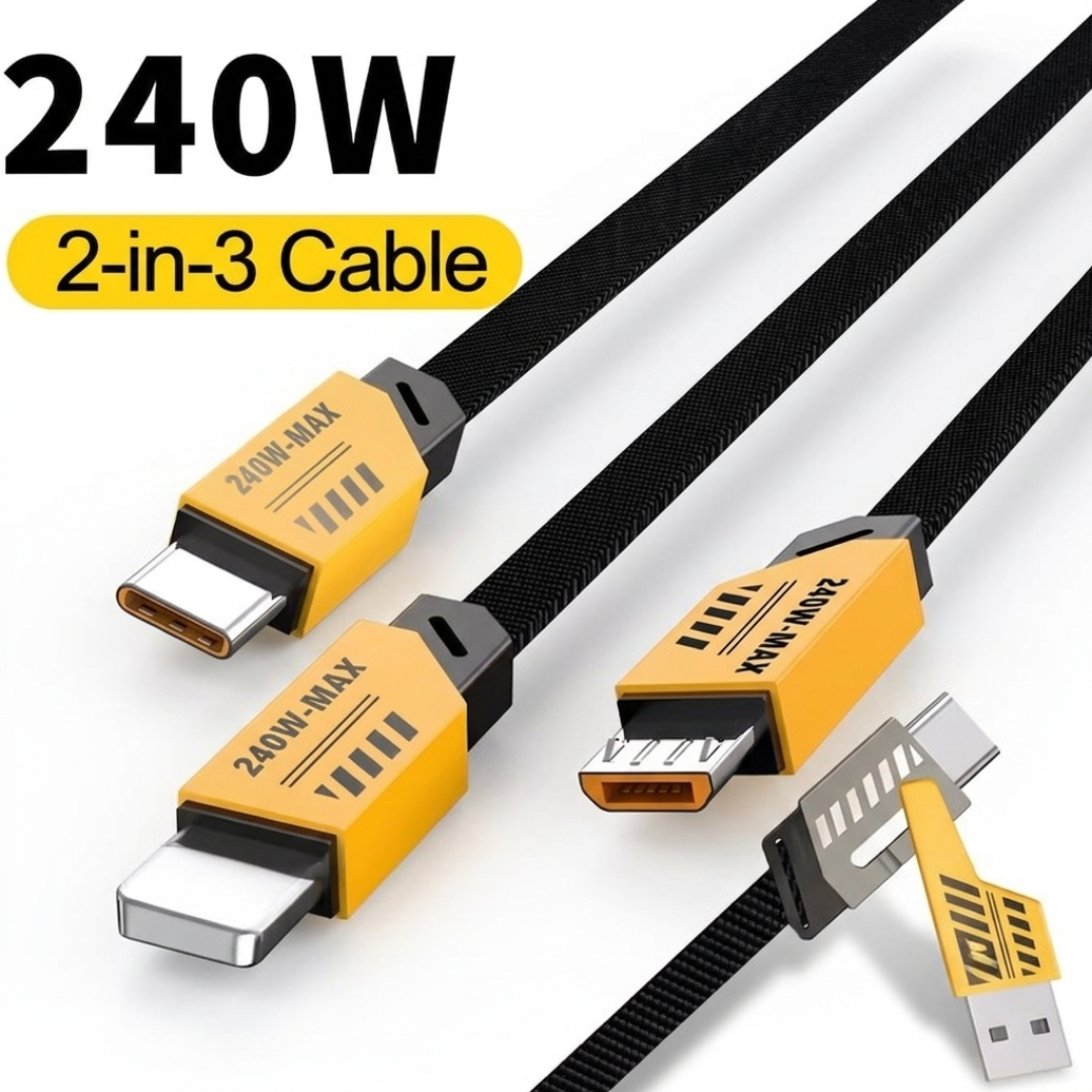 240W 2-in-3 braided fast charging cable with USB-C, Lightning, and Micro USB connectors for fast charging and data transfer.