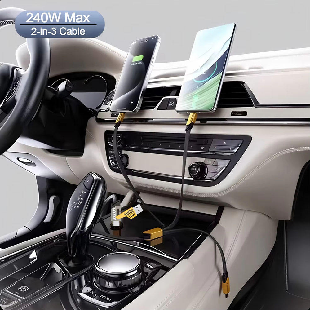 240W 2-in-3 fast charging cable charging two phones in car dashboard USB ports
