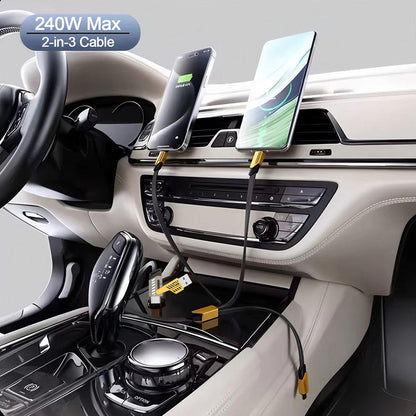 240W 2-in-3 fast charging cable charging two phones in car dashboard USB ports