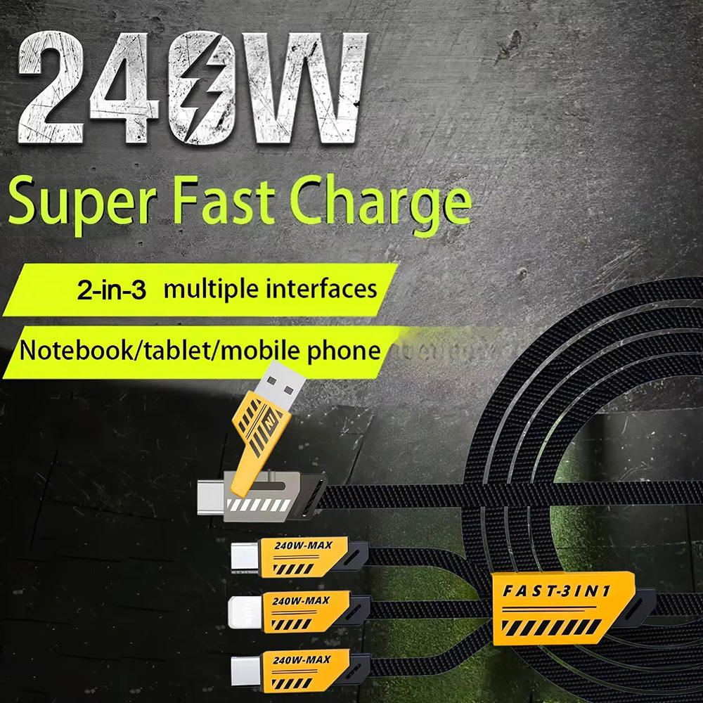 240W super fast charging cable 2-in-3 for laptop, tablet, and mobile phone