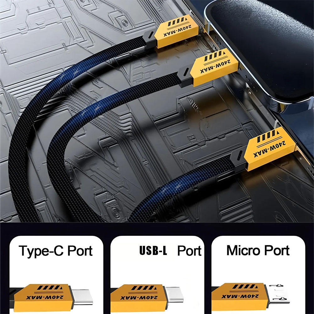 Close-up of 240W max braided cable with Type-C, USB-C, and Micro USB ports