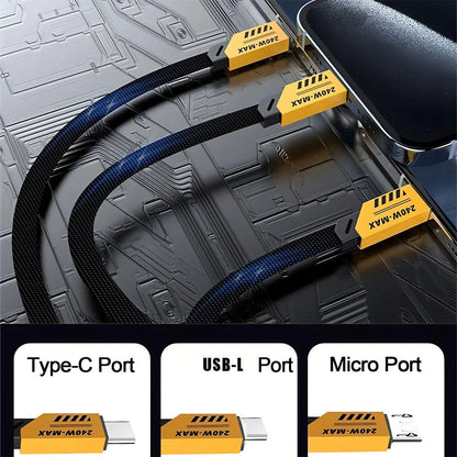 Close-up of 240W max braided cable with Type-C, USB-C, and Micro USB ports