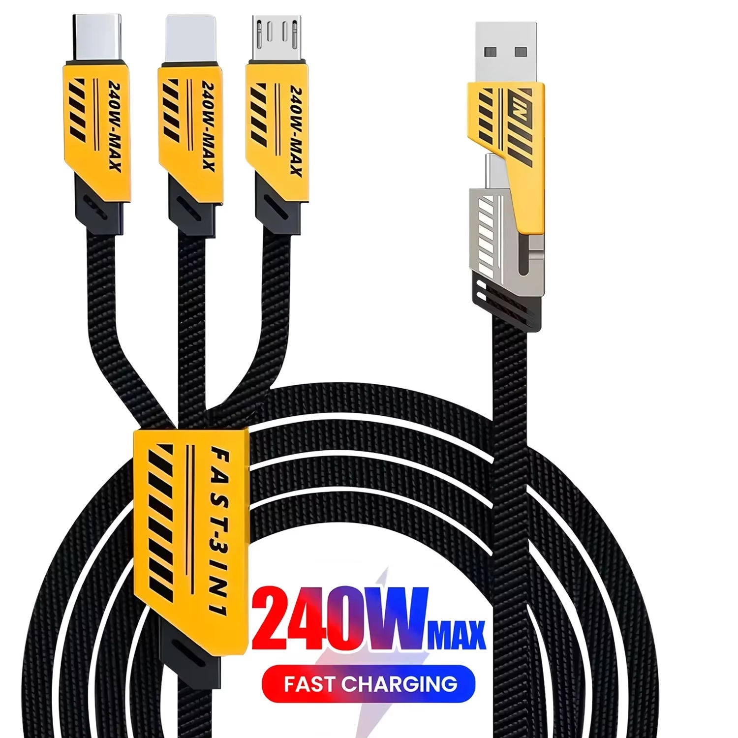 240W fast charging braided cable 2-in-3 with USB-C, Lightning, and Micro USB connectors