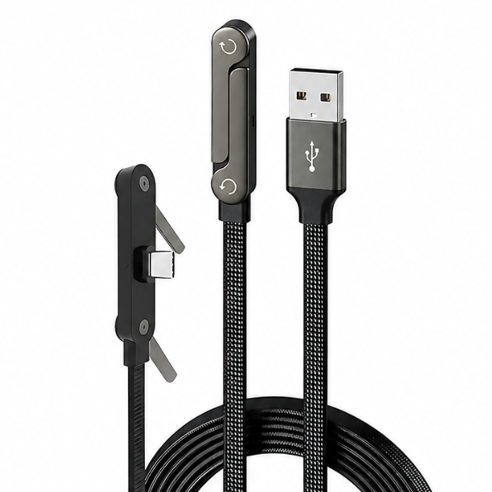 GrunX 240W USB-C to USB-A fast charging braided cable in black color with rotating connector head and foldable stand feature