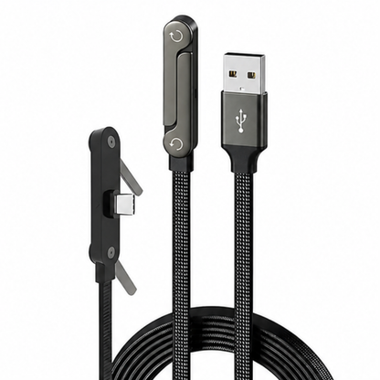 GrunX 240W USB-C to USB-A fast charging braided cable in black color with rotating connector head and foldable stand feature