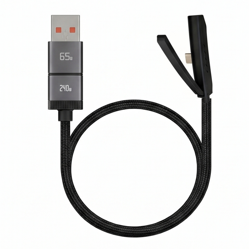 A USB cable with a black charging port, suitable for charging and data transfer between devices.