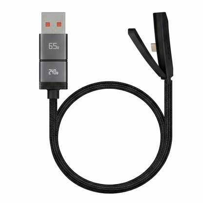 A USB cable with a black charging port, suitable for charging and data transfer between devices.