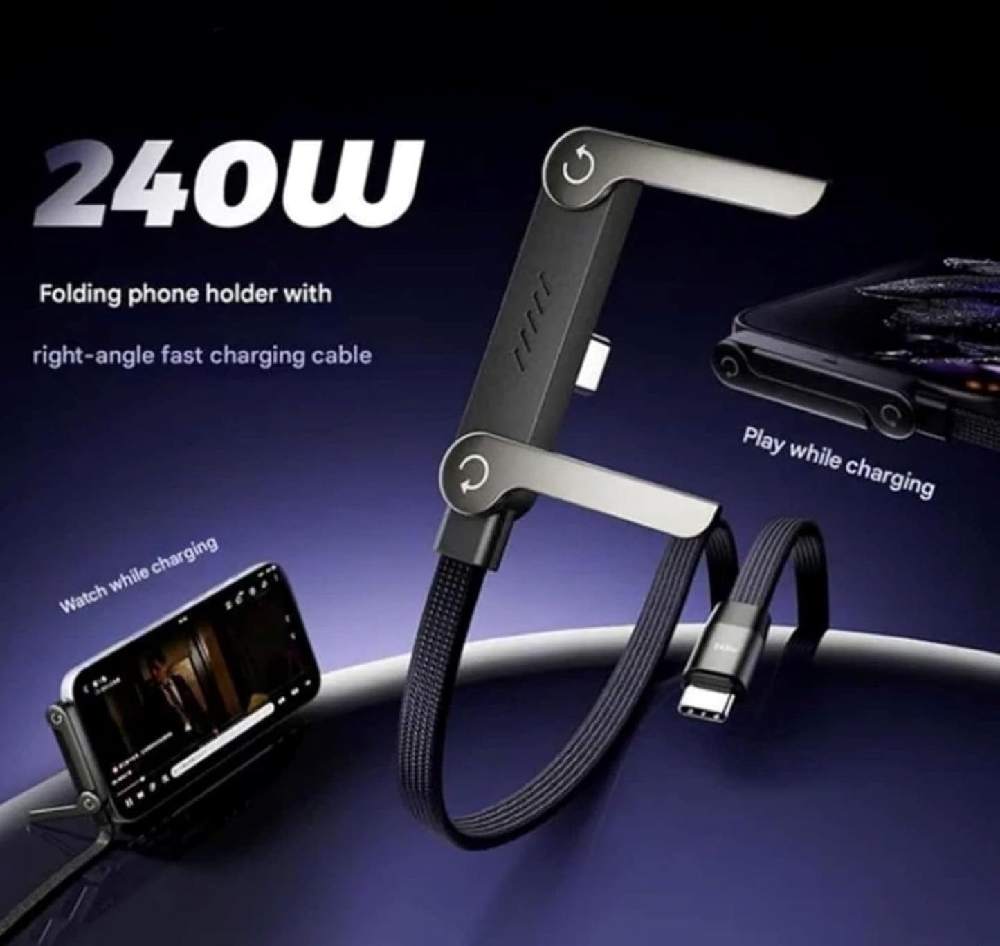 240W Type-C to Type-C Ultra Fast Charging Data Cable with Invisible Stand Nylon Braided 1.5 Metre - GrunX Store India