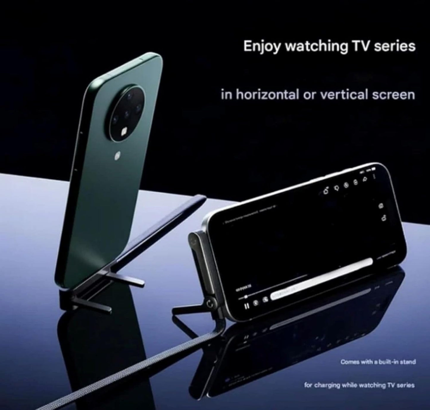 GRUNX TikTok cable invisible stand folded flat showing slim profile alongside MacBook and Samsung Galaxy S24