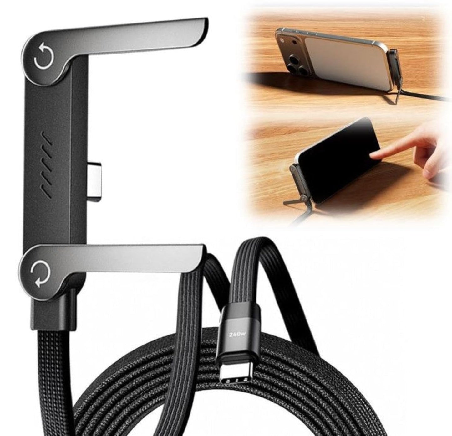 240W Type-C to Type-C Ultra Fast Charging Data Cable with Invisible Stand Nylon Braided 1.5 Metre - GrunX Store India