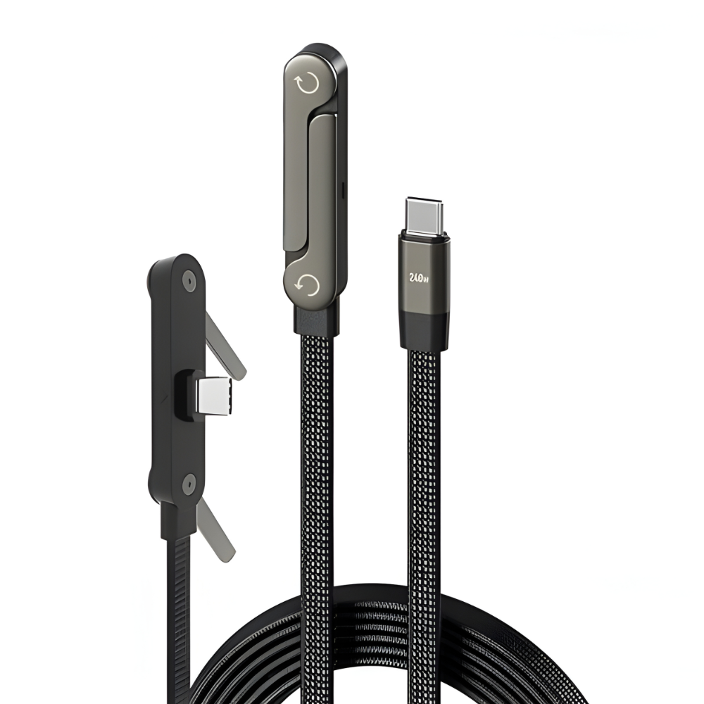 GRUNX TikTok 240W USB-C to C charging cable 1.5M with invisible stand holding iPhone 15 upright on Indian work desk