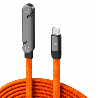 GrunX 240W USB-C to USB-C fast charging braided cable in orange color with digital watt display and rotating connector head