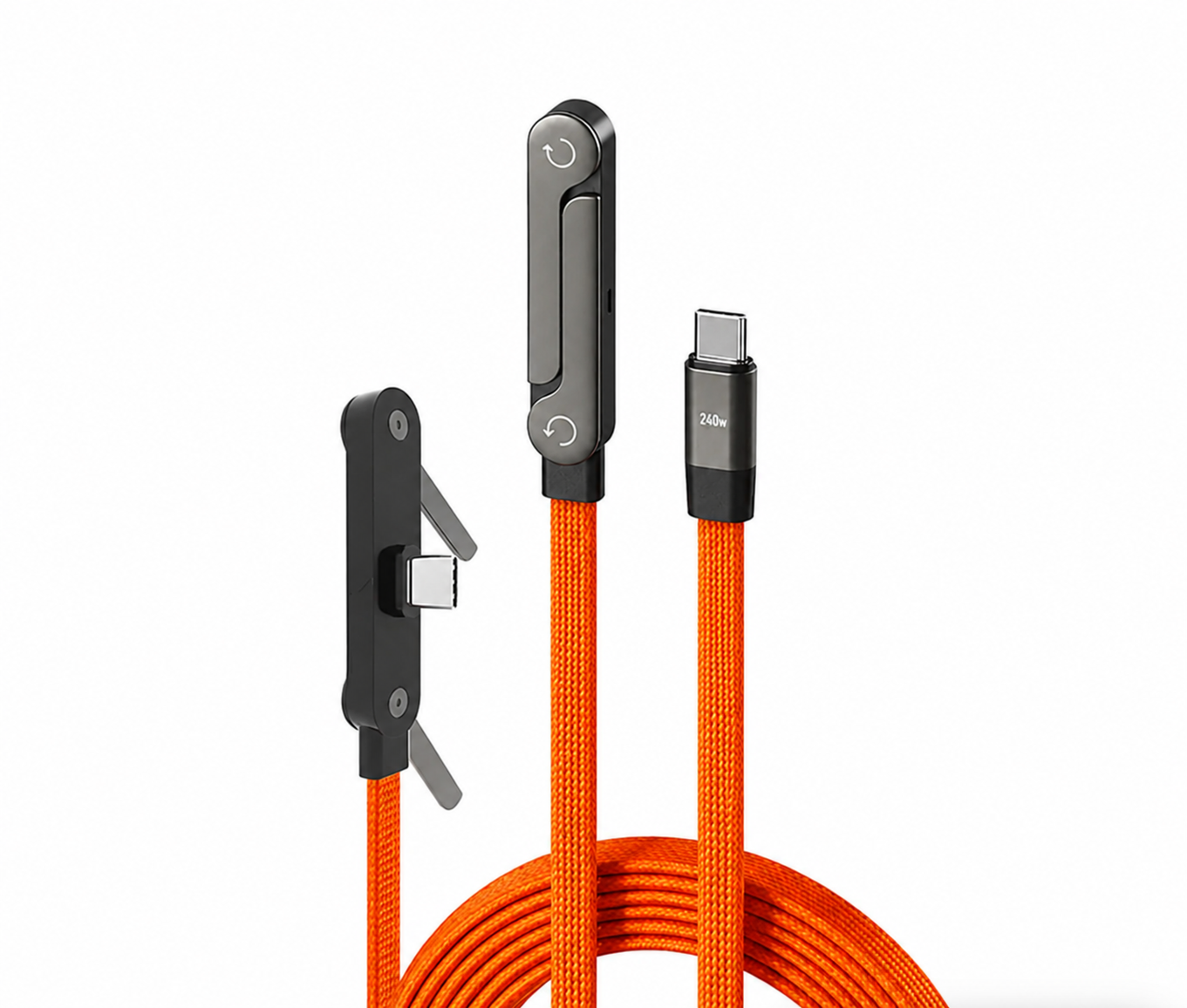 GrunX 240W USB-C to USB-C fast charging braided cable in orange color with digital watt display and rotating connector head