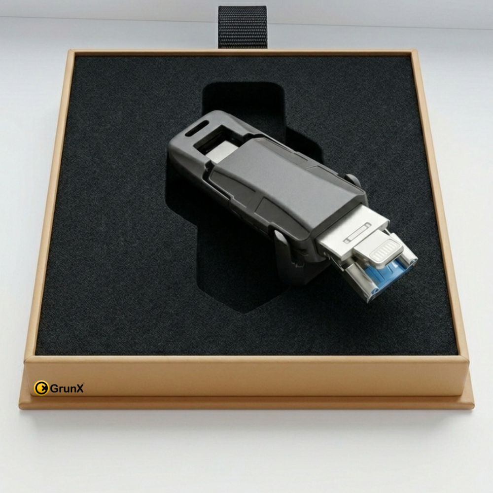 GRUNX Fusion OTG drive plugged into iPhone 14 Lightning port transferring photos on Indian home desk setup
