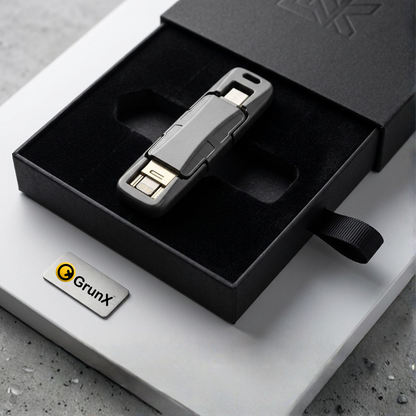 GRUNX Fusion 2TB 3-in-1 OTG flash drive showing Type-C Lightning and USB 3.0 connectors on clean white background