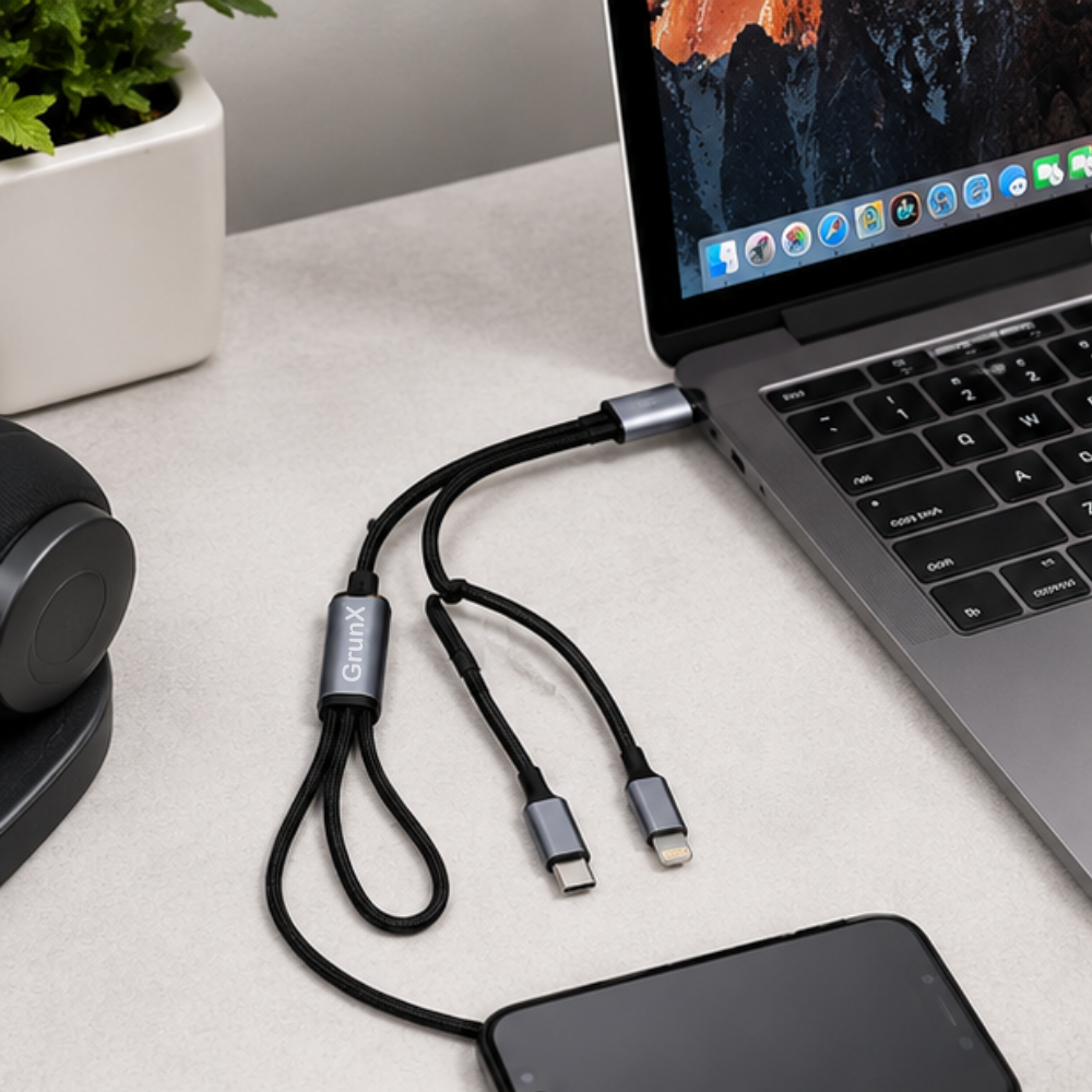 3-in-1 AUX cable with multiple connectors placed on a desk next to a MacBook