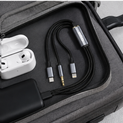 3-in-1 AUX cable stored in a black travel organizer case alongside earbuds