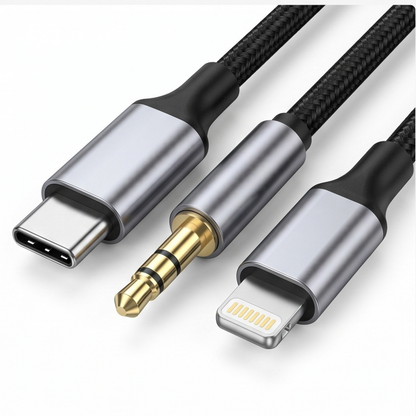 3-in-1 AUX cable showing USB-C, Lightning, and 3.5mm connectors on white background