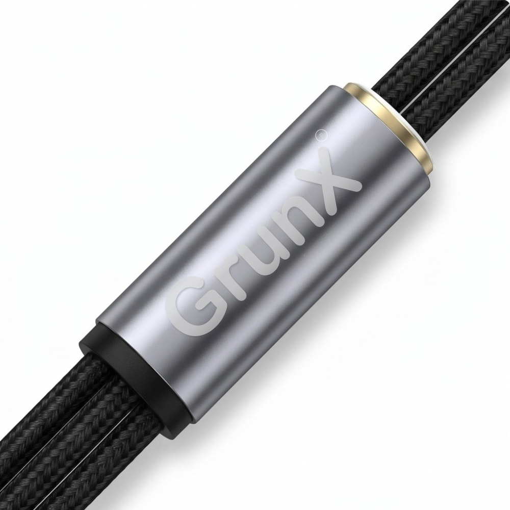 Close-up of braided 3-in-1 AUX cable connector tip with silver metal housing