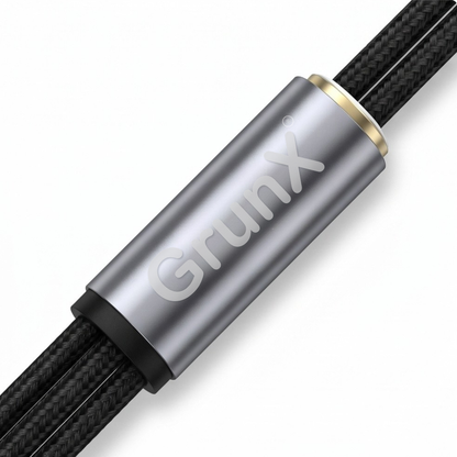Close-up of braided 3-in-1 AUX cable connector tip with silver metal housing