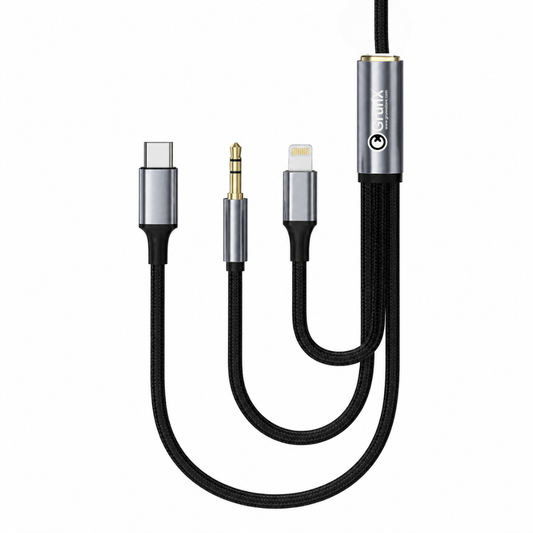 TRP 3-in-1 Audio Splitter Cable – USB-C to USB-C, 3.5mm AUX, and Lightning connectors, black braided with silver aluminum housing