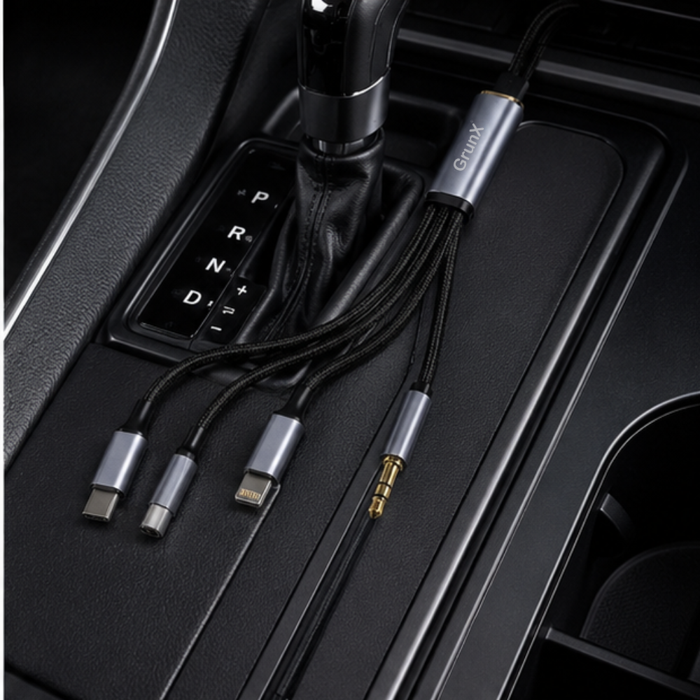 3-in-1 AUX cable plugged into a car center console audio port