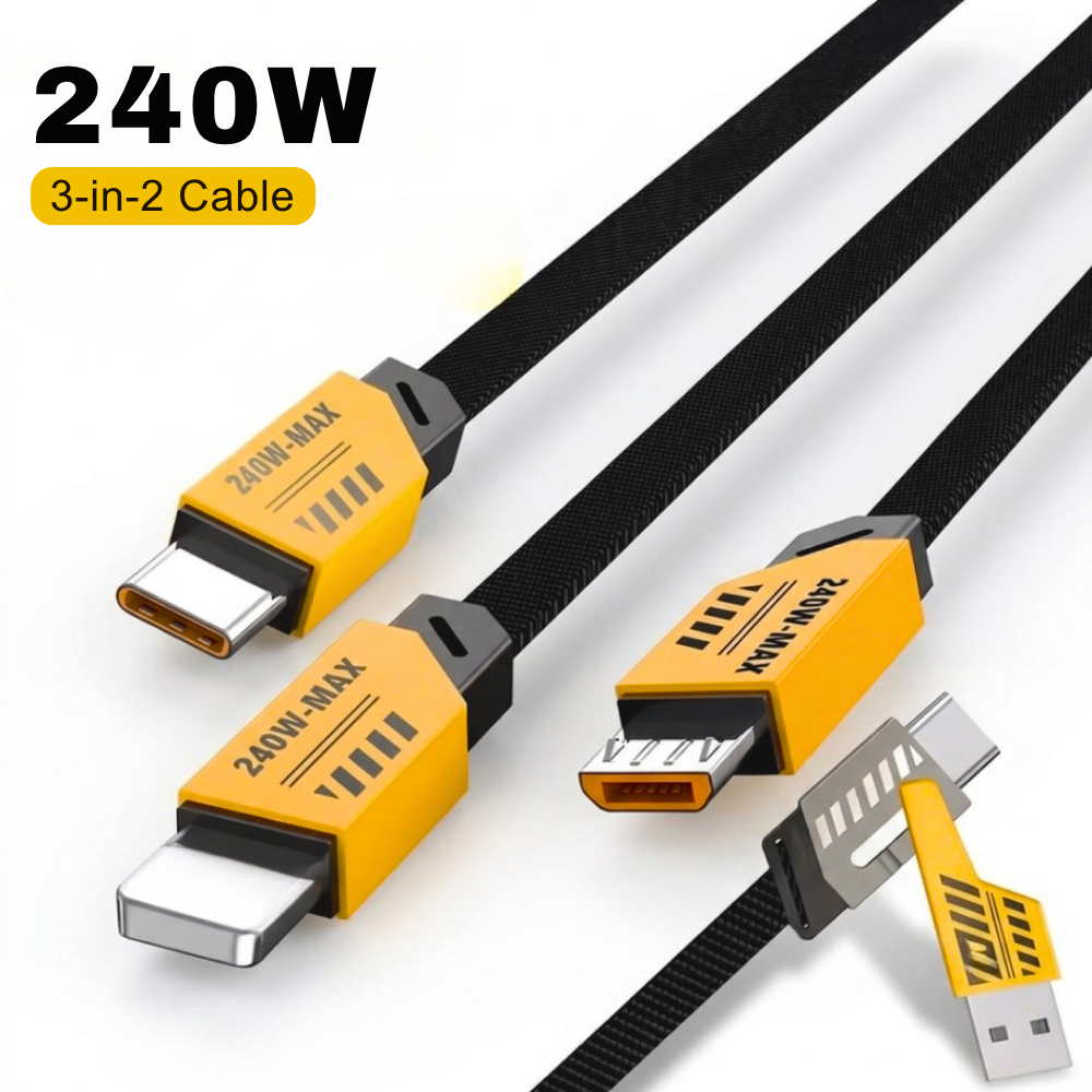 240W 3-in-2 braided fast charging cable with USB-C, Lightning, and Micro USB connectors for fast charging and data transfer.