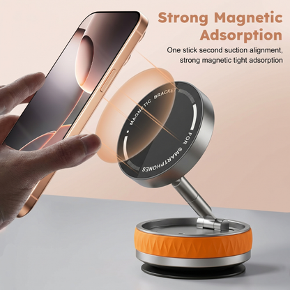 Adjustable magnetic phone stand holding smartphone at angle for desk use and hands-free viewing