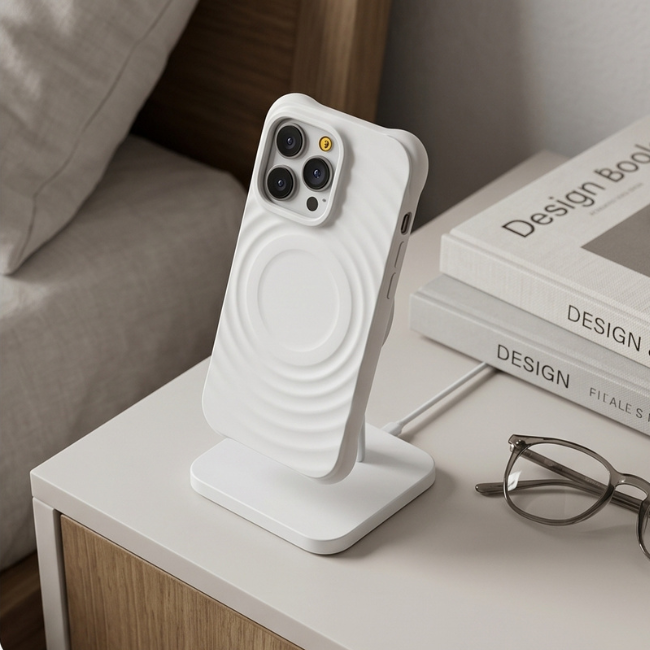 White ripple pattern iPhone case with protective metal camera ring mounted on white desk stand, styled with design books and eyeglasses