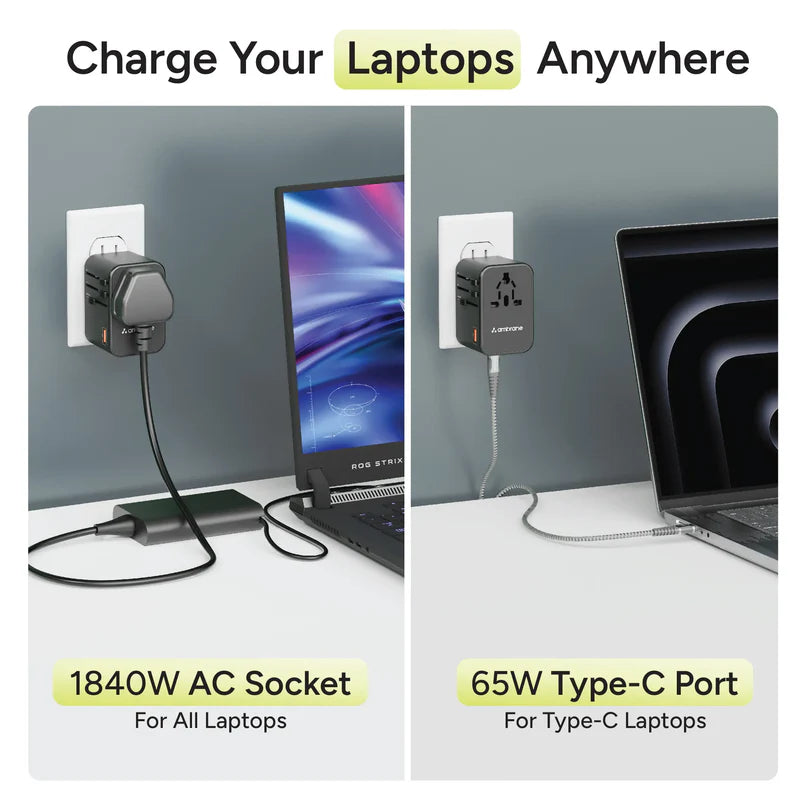 Ambrane 65W USB-C PD Travel Adapter | 1840W Universal Plug | 150+ Countries