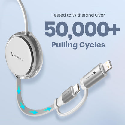 Portronics 4-in-1 retractable charging cable tested for over 50,000 pulling cycles with USB, Type-C, and Lightning connectors
