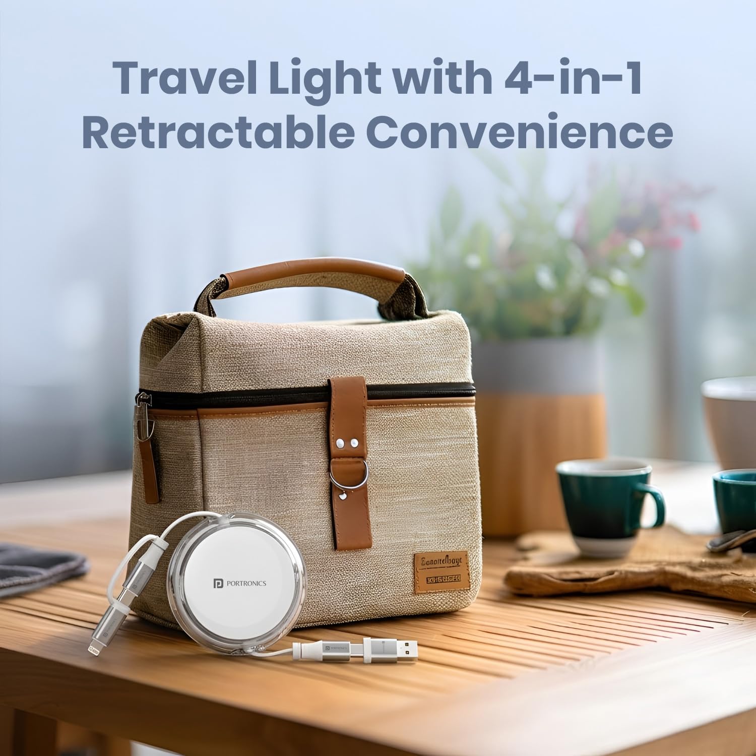 Portronics retractable 4-in-1 charging cable for travel, compact and lightweight, shown with travel pouch bag