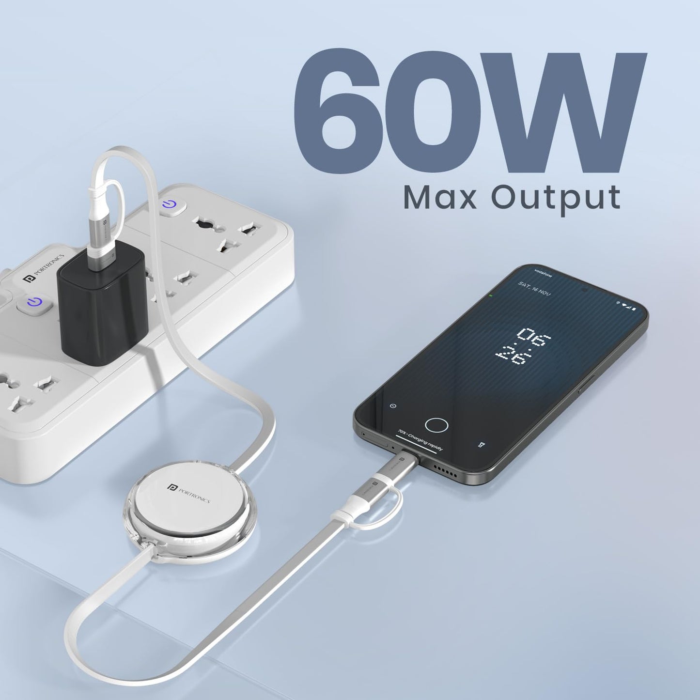 Portronics 4-in-1 retractable cable delivering 60W max output fast charging to smartphone via power strip