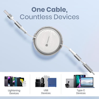 Portronics one cable multi-device charger compatible with Lightning devices, USB devices, and Type-C devices including phones, laptops, and tablets