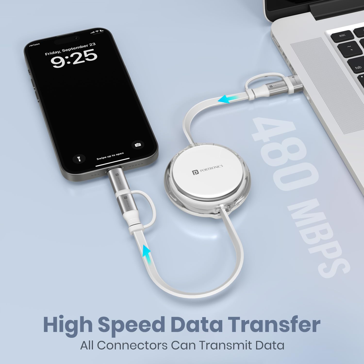 Portronics retractable cable connecting iPhone to laptop with high speed 480 Mbps data transfer supported by all connectors