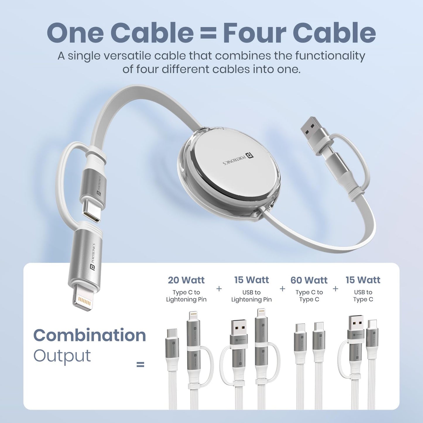 Portronics 4-in-1 retractable cable combining four cable types - Type-C to Lightning 20W, USB to Lightning 15W, Type-C to Type-C 60W, and USB to Type-C 15W